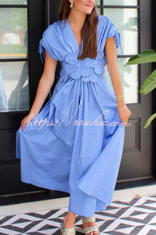 Alma Floral Applique Ruched Wide Sleeve Elastic Waist Loose Midi Dress