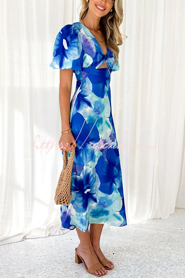 Sophia Floral Print Satin Puff Sleeve Twist Bust Cutout Midi Dress