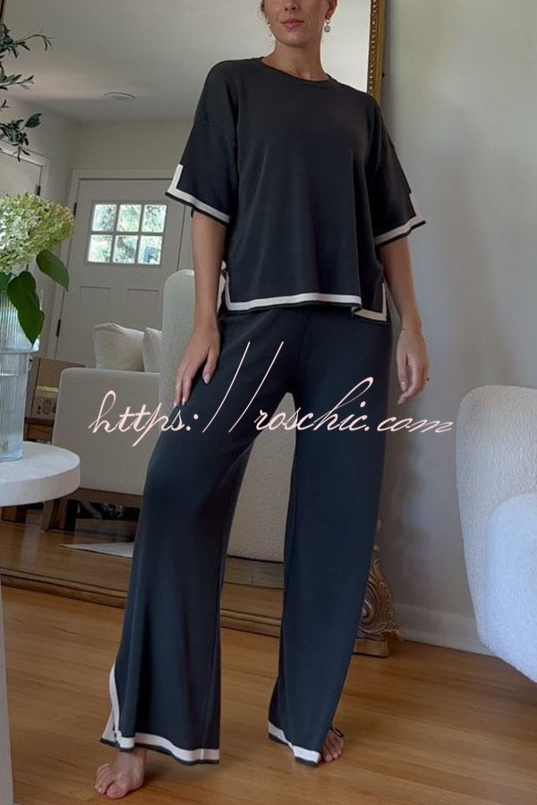 Lounge or Casual Wear Knit Patchwork Color Block Short Sleeve Top and Elastic Wide Leg Pants