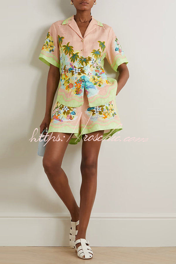 Coconut Scenery Linen Blend Tropical Print Blouse and Elastic Waist Pocketed Shorts Set