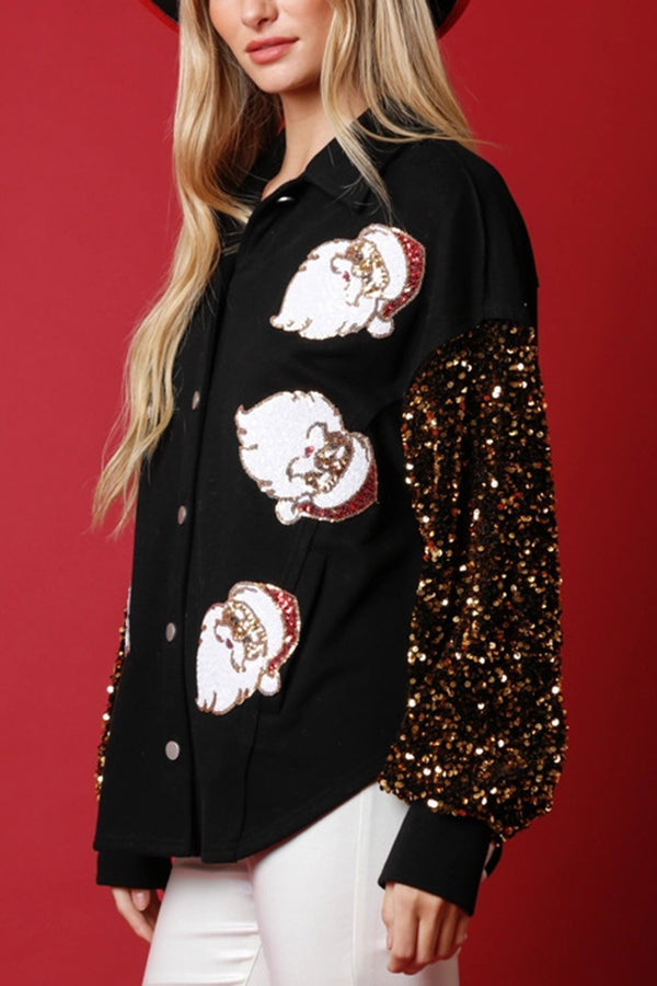 Santa Claus Sequined Long Sleeve Button-Down Shirt