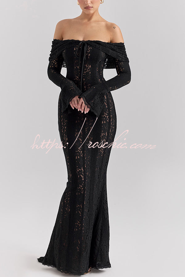 Outline The Curve Floral Lace Off Shoulder Bell Sleeve Stretch Maxi Dress