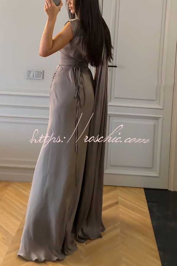 Solid Color Satin Sleeveless Waist Elegant Pleated Ribbon Maxi Dress