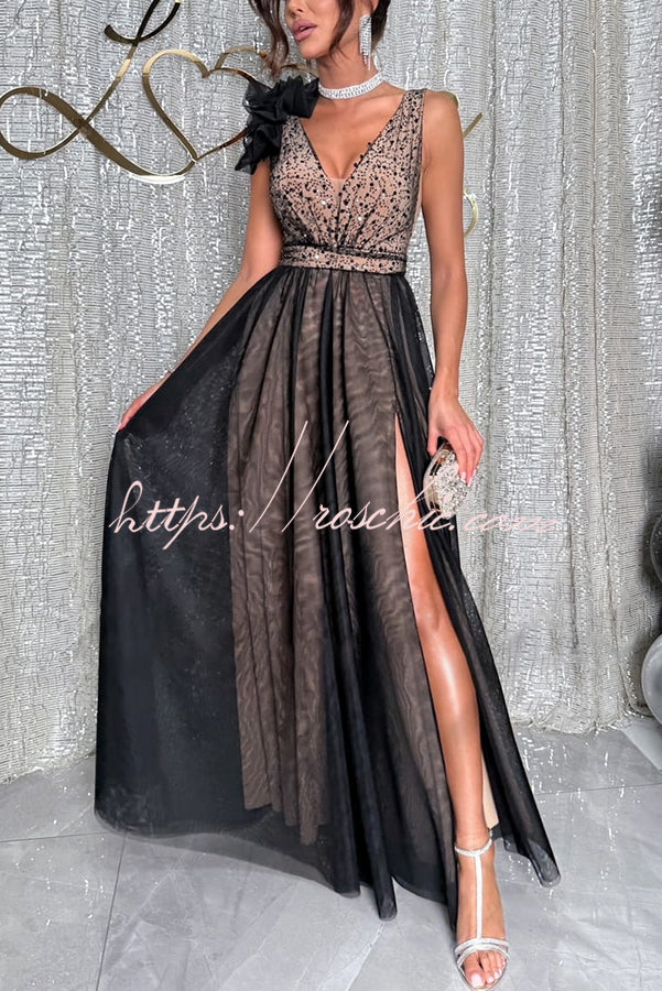 Everlasting Party Sequin Tulle Ruffles Shoulder Design Slit Maxi Dress