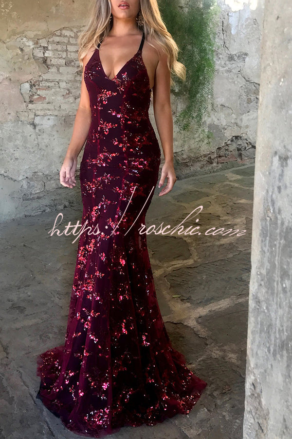 Jadore Strappy V Neck Open Back Sequin Lace Up Maxi Dress