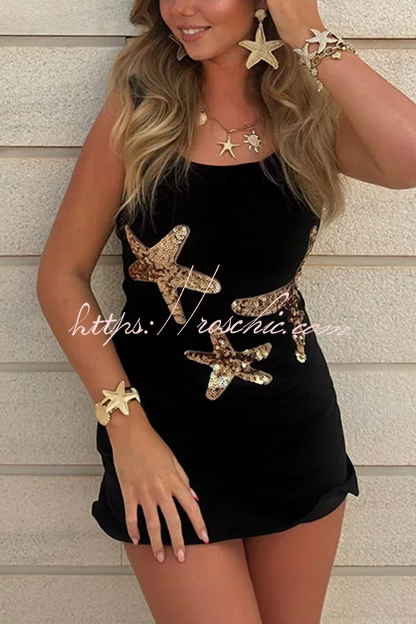 Beachside Dreams Starfish Sequin Wave Hem Stretch Tank Mini Dress  roschic