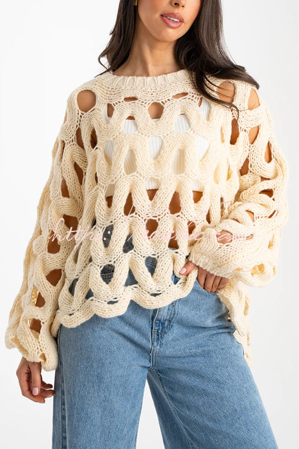Solid Color Casual Hollow Long-sleeved Holiday Knitted Sweater
