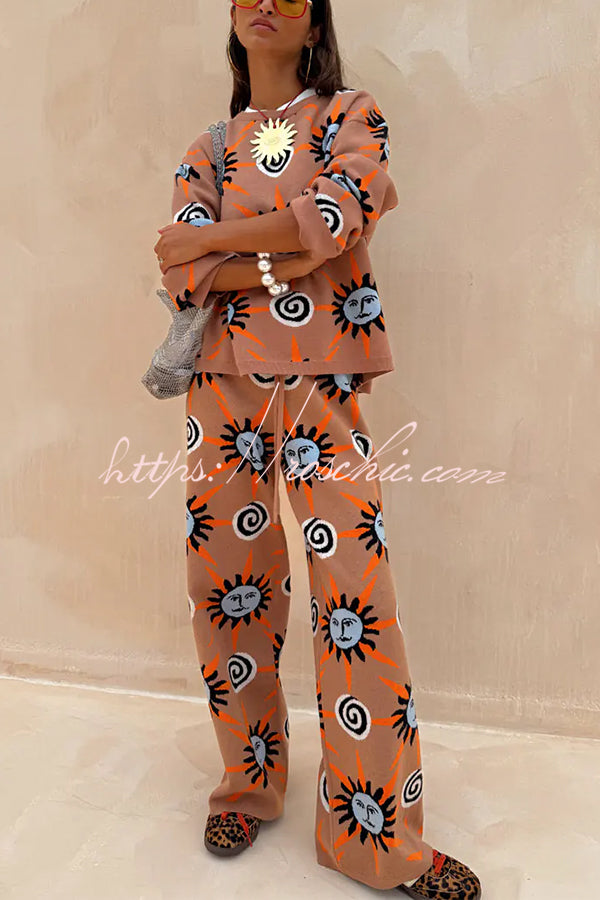 Mediterranean Art Knit Unique Sun Vortex Print Elastic Waist Wide Leg Pants