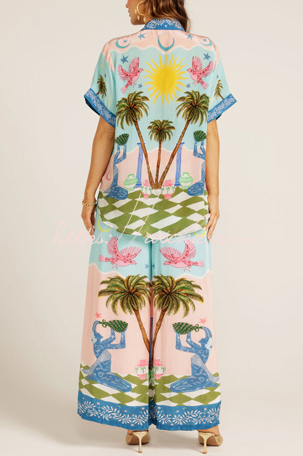 Summer Vacation Printed Short-sleeved Loose Shirt and Elastic Waist Pocket Pants Set