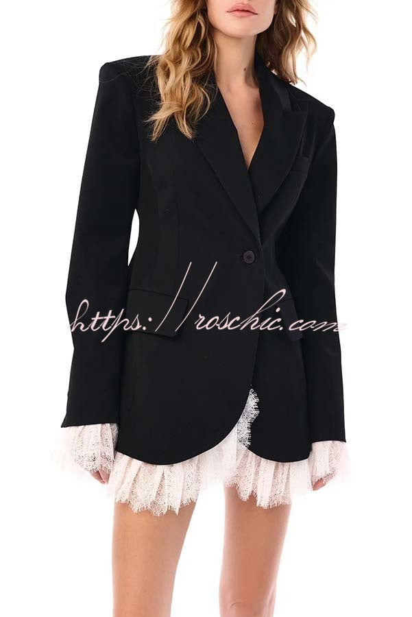 Cue The Chic Lace Trim Button Long Sleeve Lapel Blazer Mini Dress