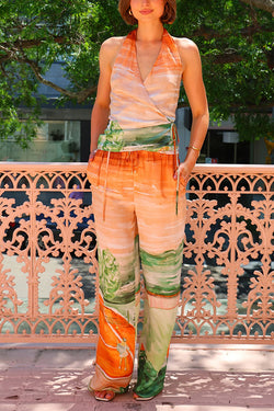 Fairy Tale Town Sunset Unique Print Halter Tie-up Top and Elastic Waist  Pocketed Pants Set