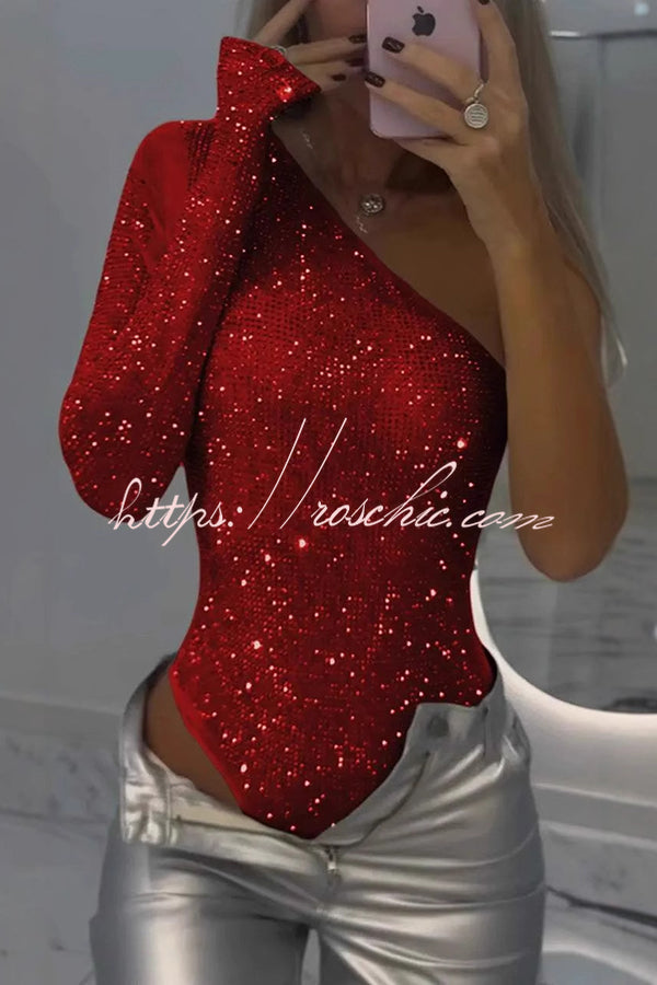 Solid Color Sequined One-shoulder Slim-fit Rompers