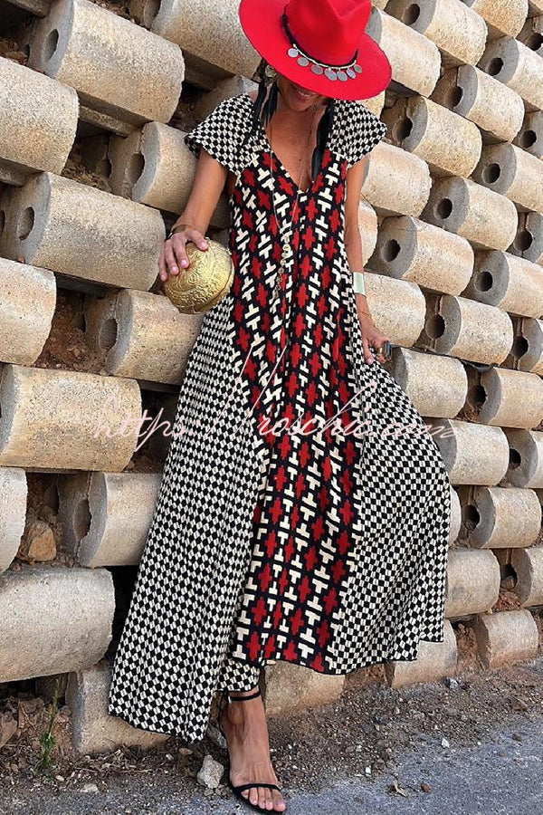 Fresh Breeze Ethnic Unique Print Ruffle Sleeve A-line Maxi Dress