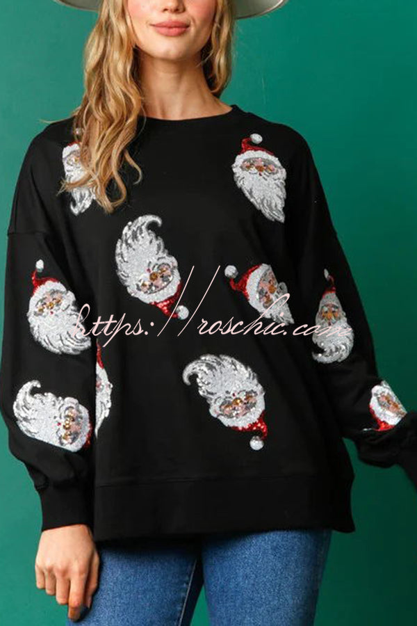 Santa Honey Sequin Christmas Pattern Loose Sweatshirt