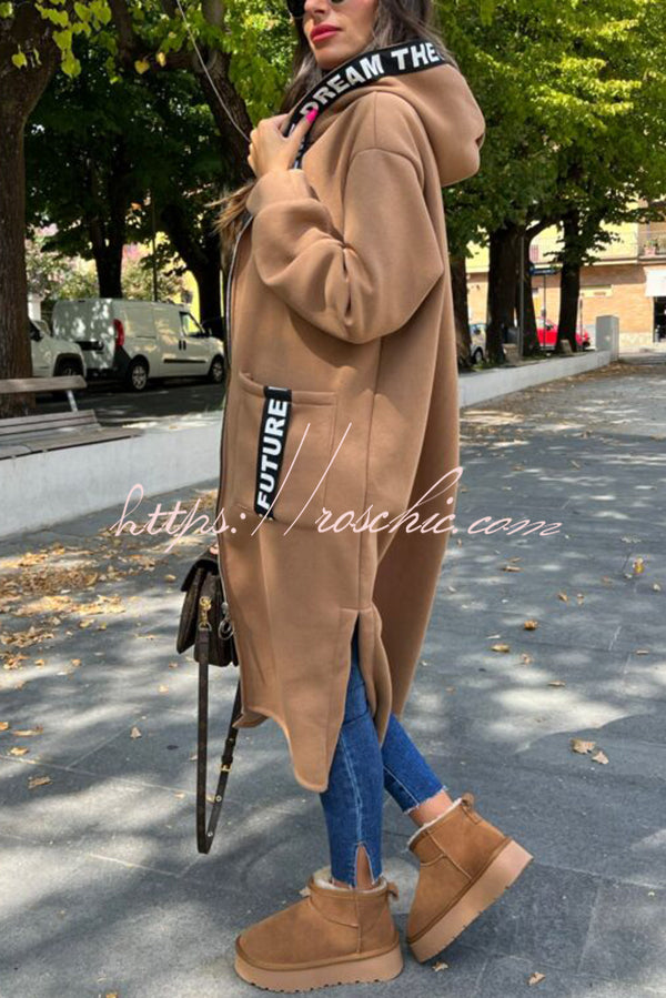 Fashionable and Casual Hooded Zipper Pocket Loose Long Coat