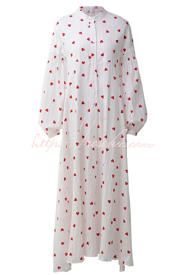 Cute Heart Print Puff Sleeve Loose Shirt Style Maxi Dress