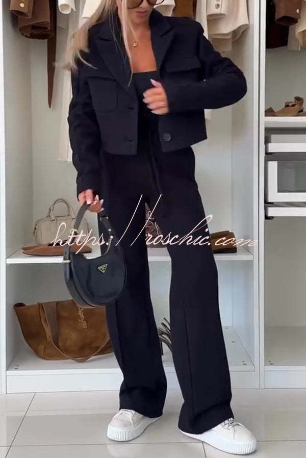 Fashion Lace Panel Long-sleeved Crop Top and Elastic Waist Tie Pocket Casual Pants Set