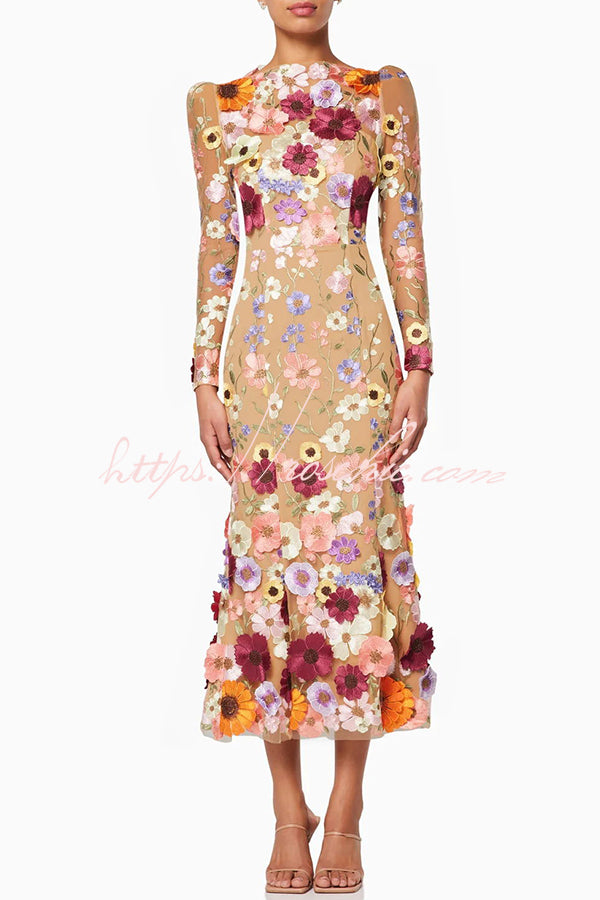 Dignified and Refined Charm Embroidered Floral Applique Long Sleeve Fish Tail Midi Dress