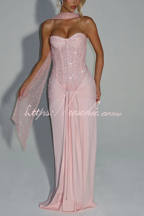 Carina Sequined and Satin Jersey Off Shoulder Ruched Knot Drape Maxi Dress