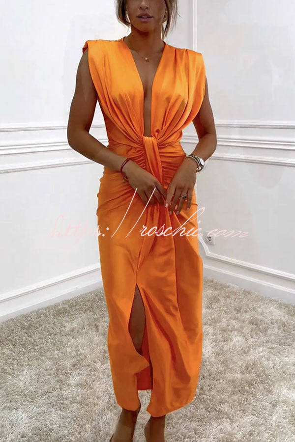 Classic and Sexy Dates V-neck Ruched Drape Slit Midi Dress