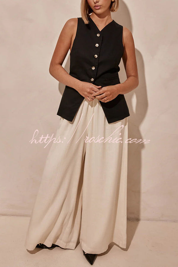 Billie Linen Blend High Rise Elastic Waist Pocketed Wide Leg Pants