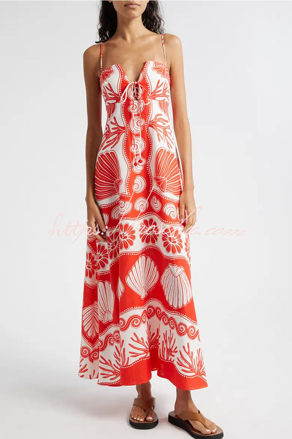 Beautiful Shell Unique Print Front Lace-up Loose  Maxi Dress