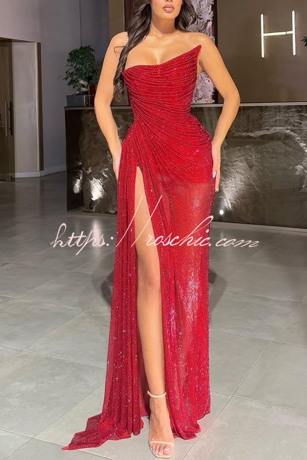 Lysette Sequin Pleated Design Irregular Off-shoulder Slit Drape Gown Maxi Dress