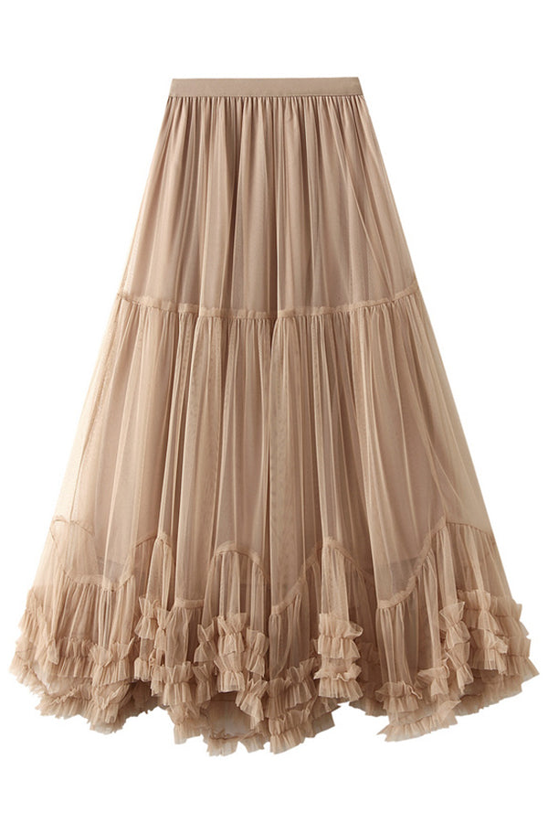 Elegant Tulle Stretch Waist Paneled Pleated Maxi Skirt