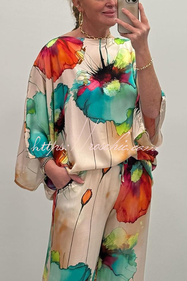 Satin Botanical Print Crew Neck Casual Top and Elastic Waist Loose Pocket Pants Set