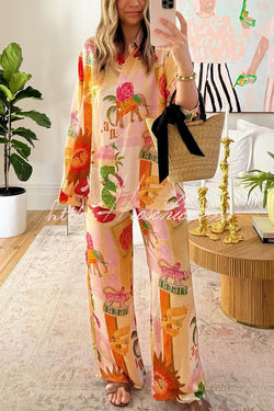 Unique Printed Casual Long Sleeved Shirt Top and Elastic Waist Loose Pants Sets