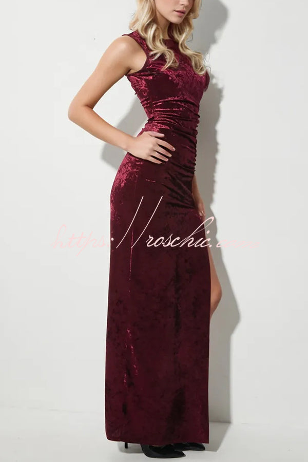 Solid Color Velvet Round Neck Sleeveless Slim Slit Maxi Dress