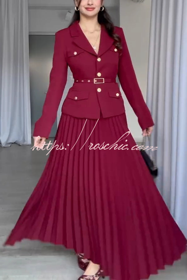 Solid Color Lapel Button Belt Blazer and Pleated Casual Maxi Skirt Set