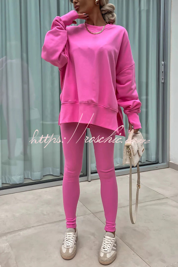 Solid Color Loose Long Sleeve SlitSweatshirt and Elastic Waist Tight Pants Set