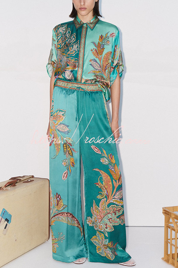 Somewhere Sunny Satin Botanical Print Elastic Waist Pocket Wide Leg Pants