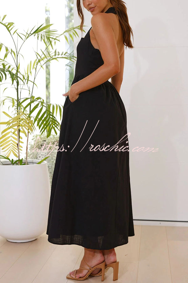 Brunch in Bali Linen Blend Halter Neck Pocketed Maxi Dress