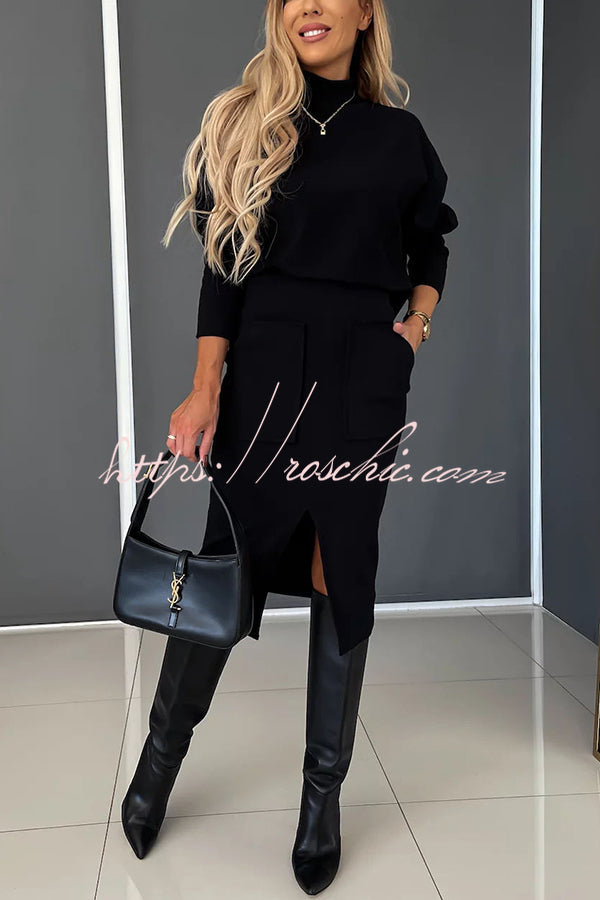 Chill Morning Knit Ribbed High Neck Top and Big Pocket Slit  Stretch Midi Skirt Set