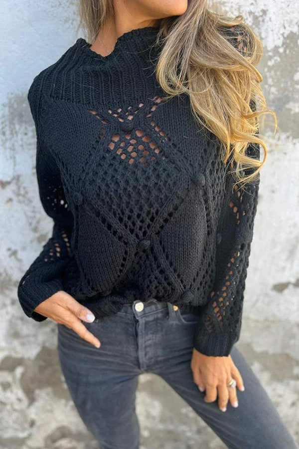 Solid Color Hollow Round Neck Casual Loose Knitted Sweater