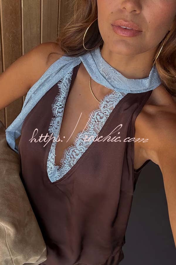Sunday Social Contrast Color Satin Lace Trim Neck Strap Loose Tank