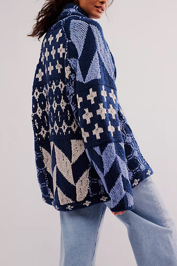 Unique Pattern Lapel Loose Long-sleeved Knitted Sweater