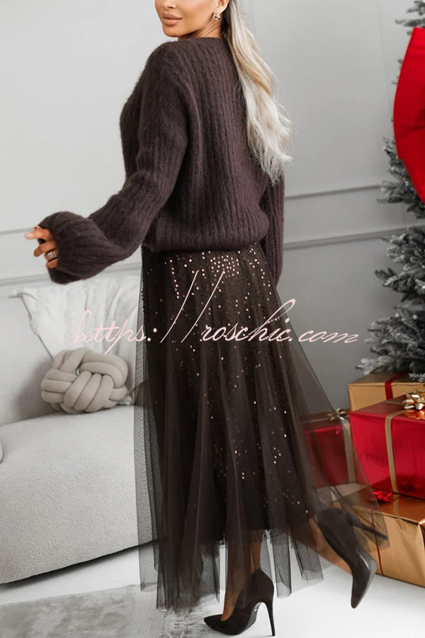 Party Daydream Sequin Tulle High Rise Elastic Waist Maxi Skirt