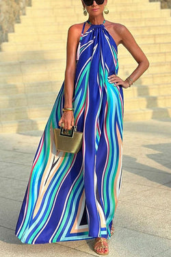 Phuket Dinner Colorful Wave Print Tassel Halter Maxi Dress