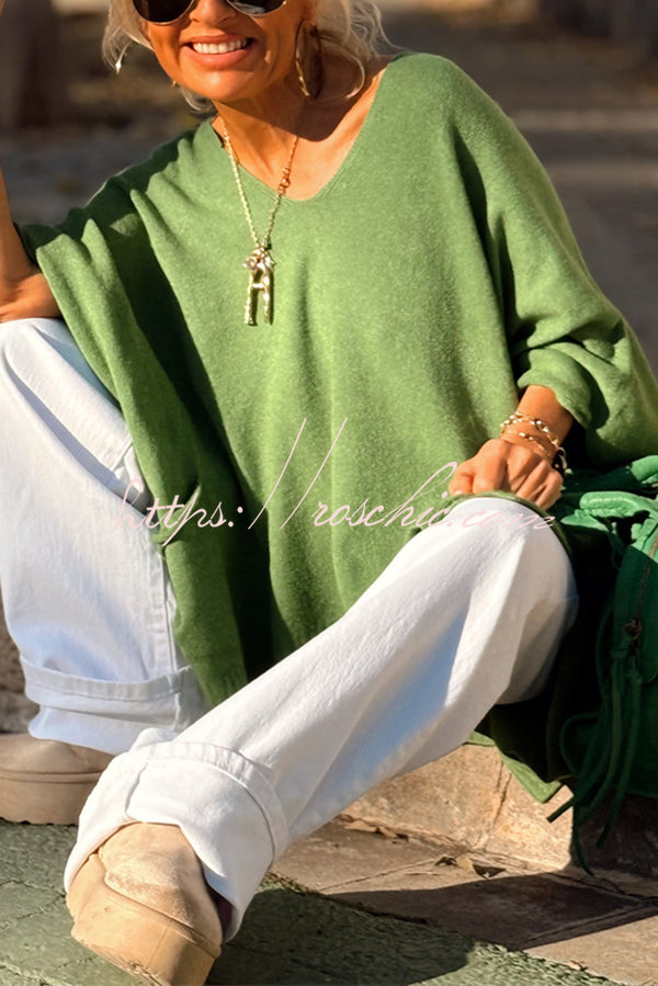 Fashion V-neck Loose Pocket Mid-length Knitted Sweater