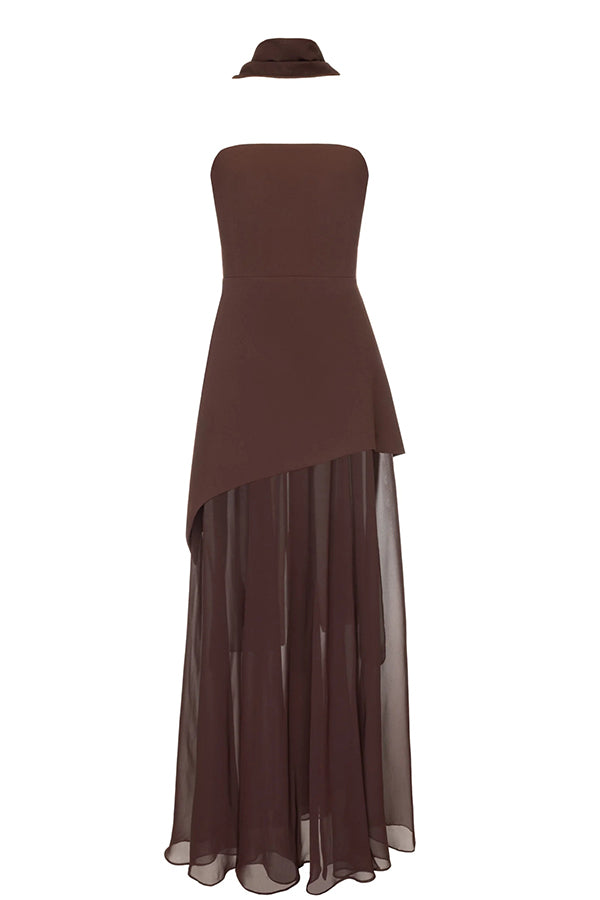Monaco Off Shoulder Structured Top Chiffon Slit Hem Scarf Maxi Dress –  roschic