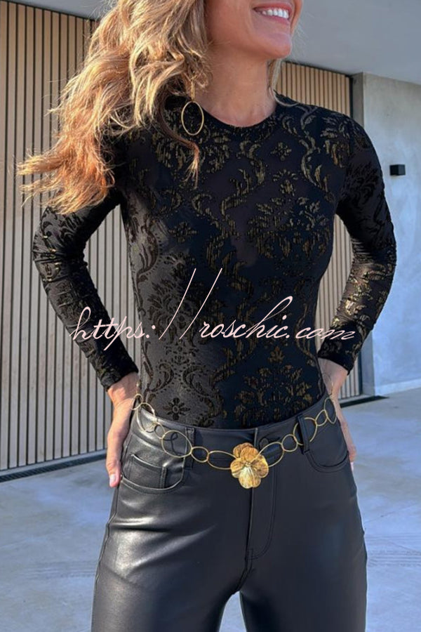 Sol Velvet Mesh Unique Pattern Long Sleeve Stretch Bodysuit