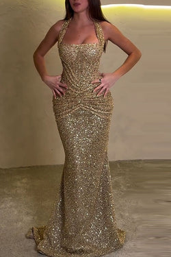 Velda Sequin Halter Square Neck Ruched Waist Back Lace-Up Drape Flare Maxi Dress, Gold / XL