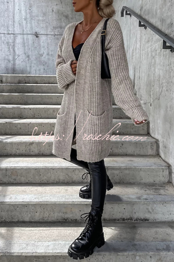 Solid Color Striped Pocket Long Sleeve Cardigan