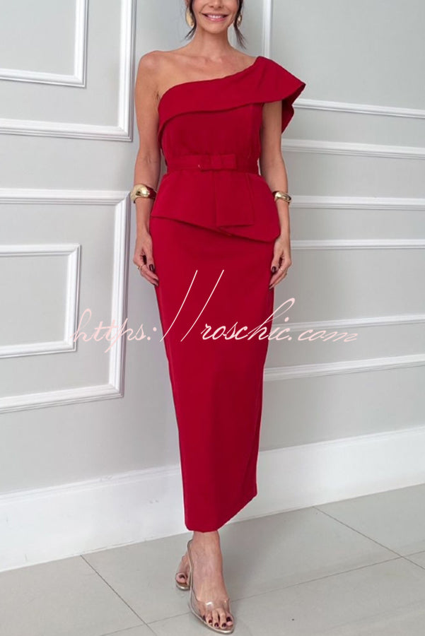 Sweet Party One Shoulder Lapel Neck Sleeveless Bow Belt Pencil Midi Dress