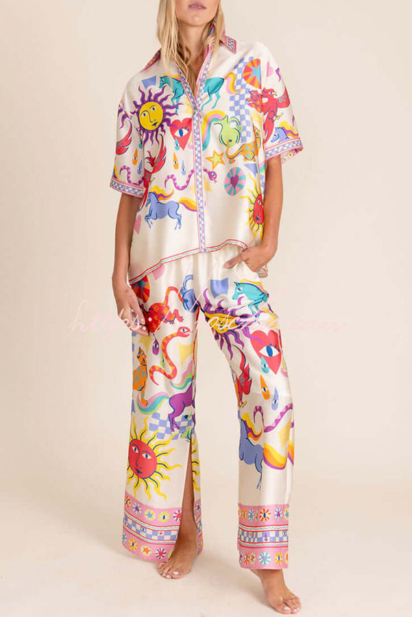 Colorful Vibes Satin Unique Print Short Sleeve Loose Shirt and Elastic Waist Pocket Slit Pants Set