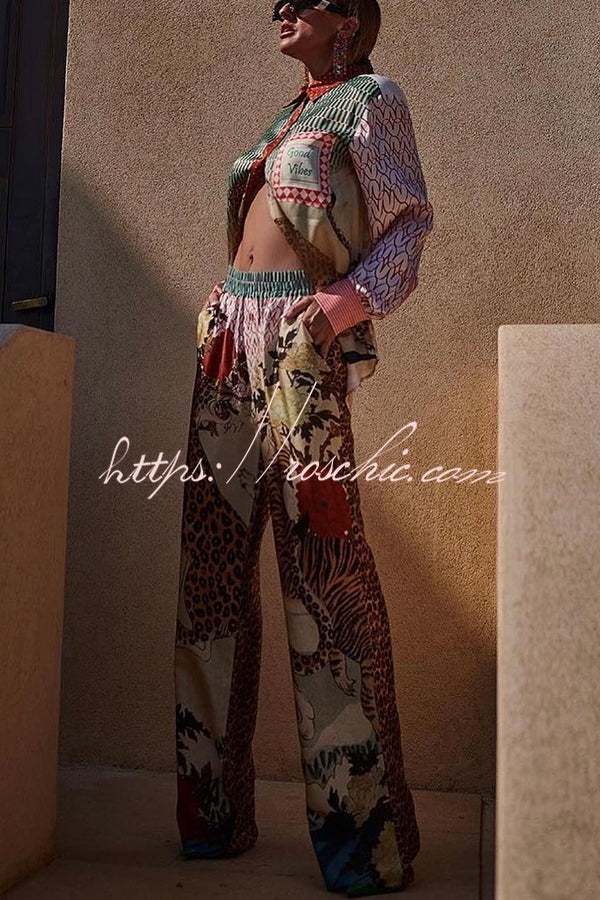 Tropical Jungle Tiger Unique Print Long Sleeve Loose Shirt and Elastic Waist Pants Set