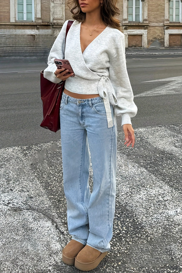 Solid Color Crossover V-neck Tie Elegant Long-sleeved Knit Top